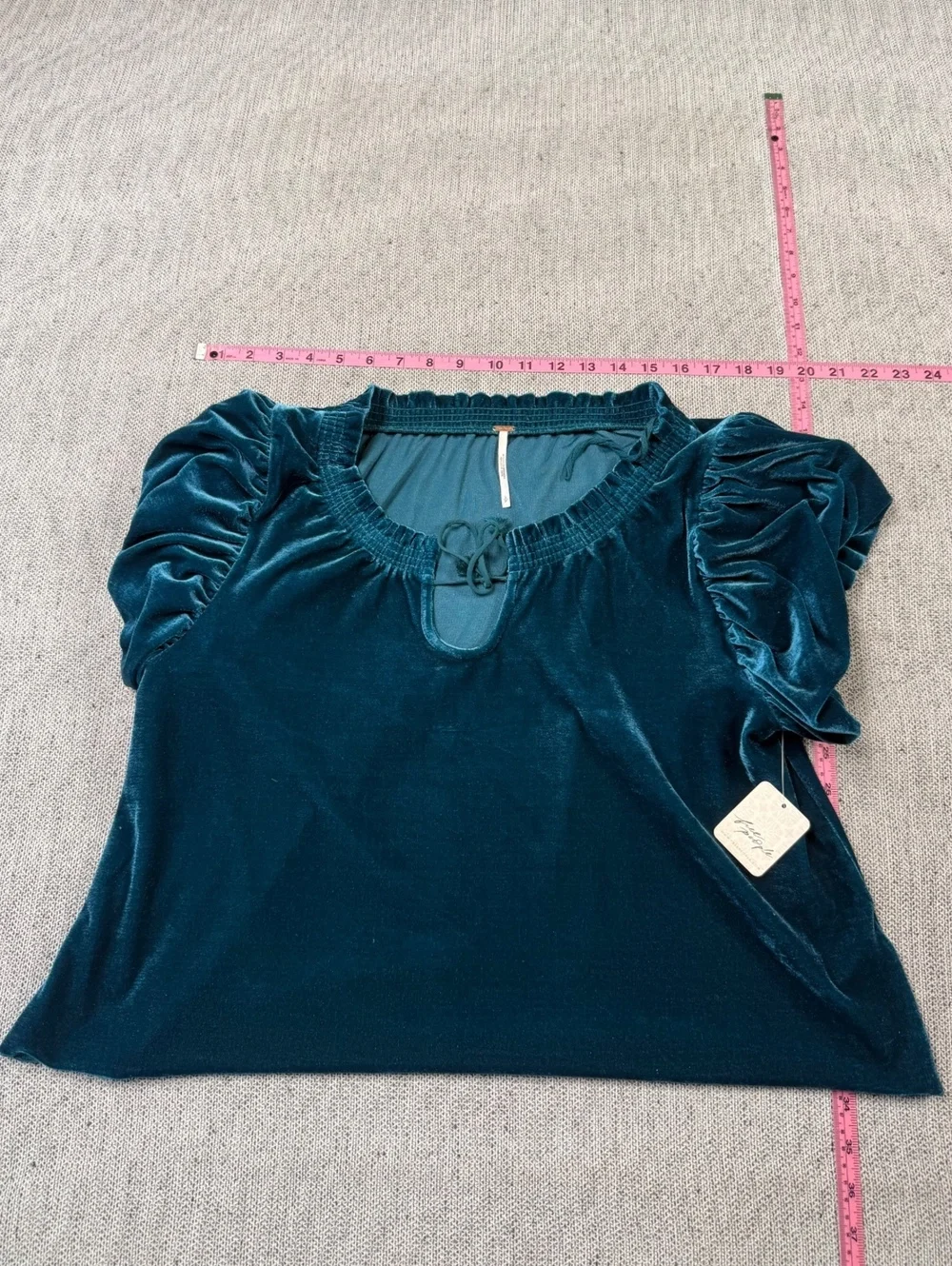 Free People Velvet Puff Sleeve Top in Turquoise, Size S